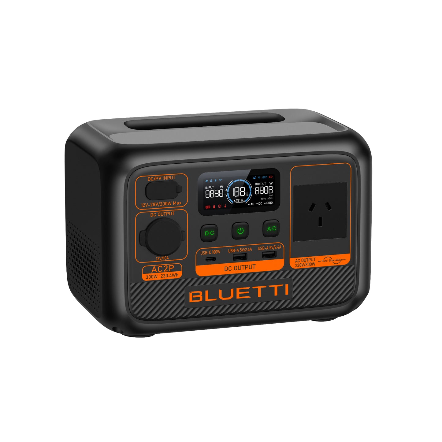 Bluetti AC2P portable power station with 300W output, 230.4Wh capacity, and multiple DC/AC outputs.