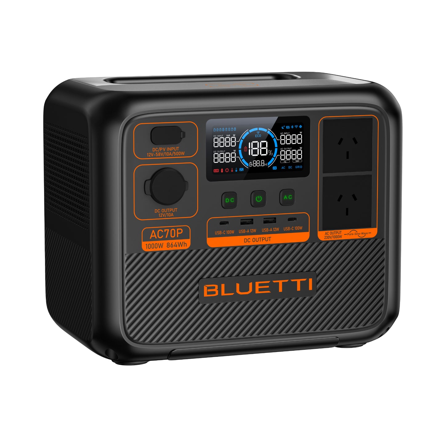Bluetti AC70P portable power station with 1000W output, 864Wh capacity, multiple USB and AC outlets, and a clear digital display.