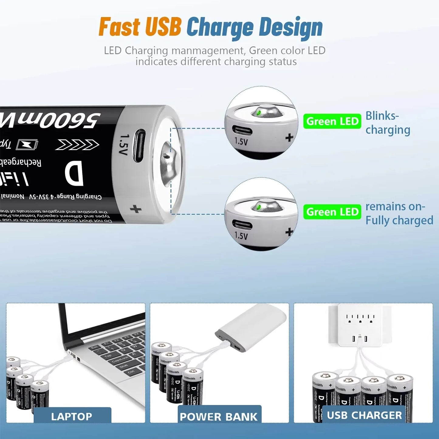 MATOV D Size USB Rechargeable Batteries