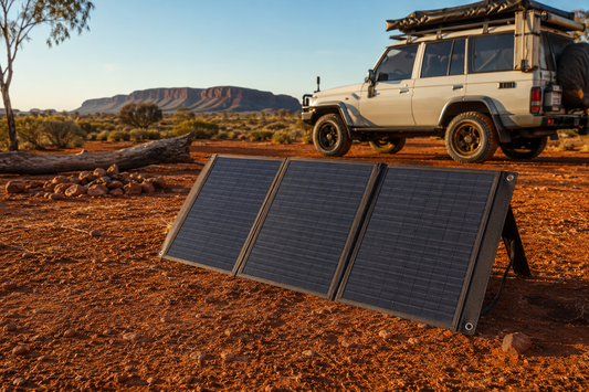 Folding portable solar panel set up in the Australian outback with a LandCruiser 4WD in the background