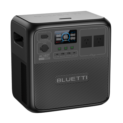 BLUETTI AC180T power station with a digital display, USB and AC outputs. Portable power supply for camping and emergencies.