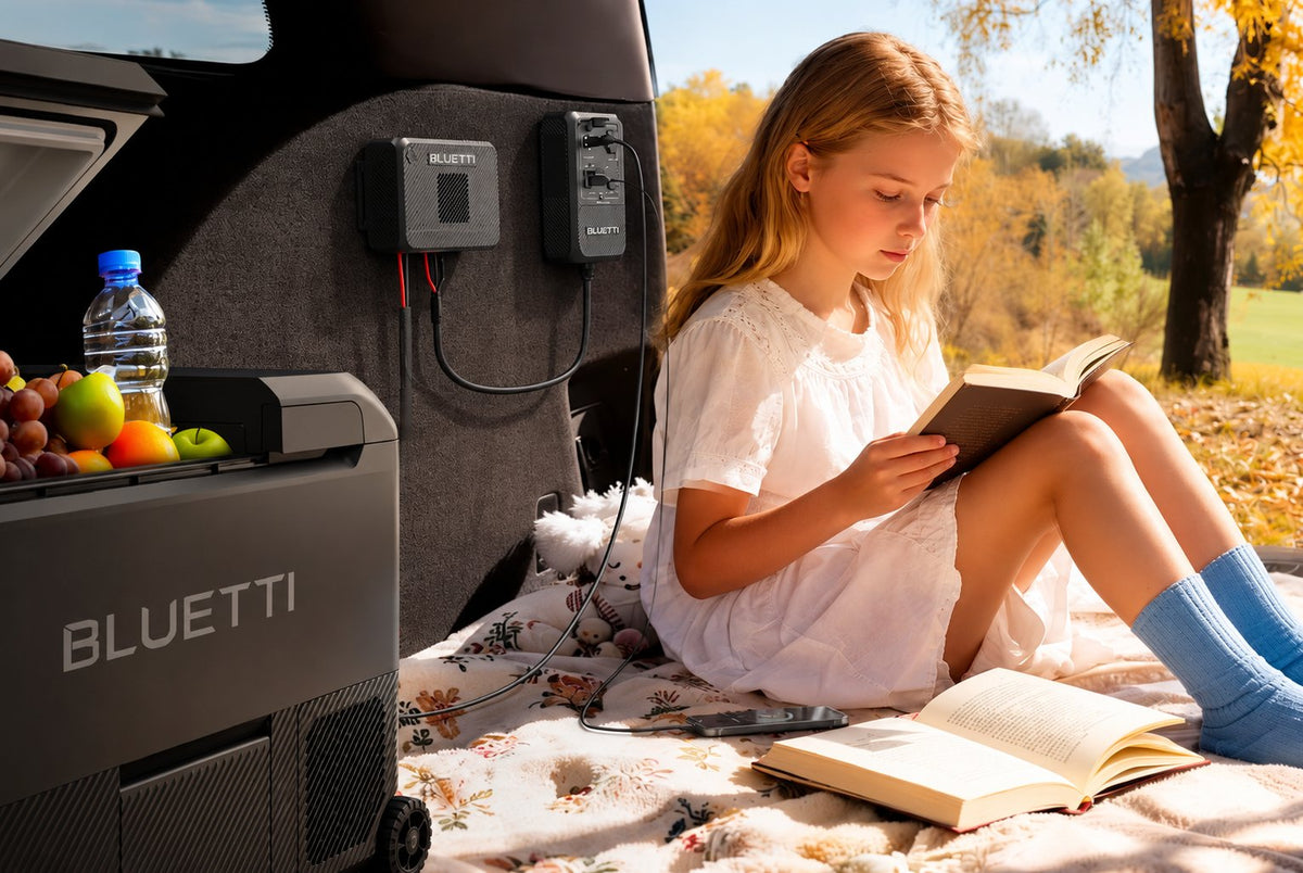 BLUETTI Charger 2 and matching DC Hub installed together inside a van in a wide lifestyle scene; pictured fridge and other equipment are not included in the Charger 2 + DC Hub bundle.