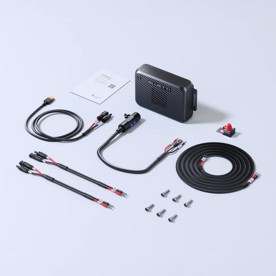 BLUETTI Charger 2 with installation cables, fuse, six mounting screws and user manual laid out