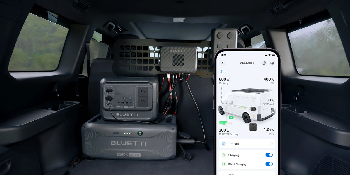 Official BLUETTI Charger 2 vehicle installation image with app display overlay; pictured power station, expansion battery and optional DC Hub are sold separately