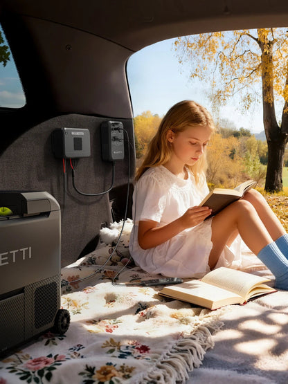 BLUETTI Charger 2 in a van leisure setup with optional DC Hub and power station, sold separately