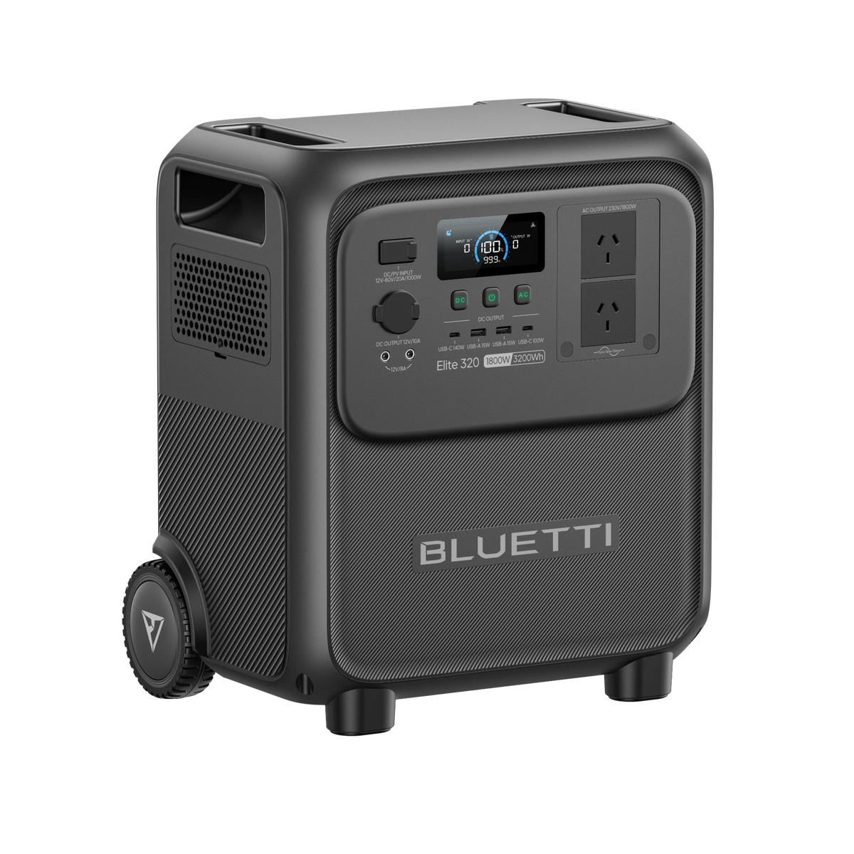 BLUETTI Elite 320 portable power station, opposite three-quarter view with integrated carry handle and wheel