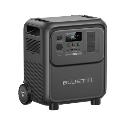 BLUETTI Elite 320 portable power station, opposite three-quarter view with integrated carry handle and wheel