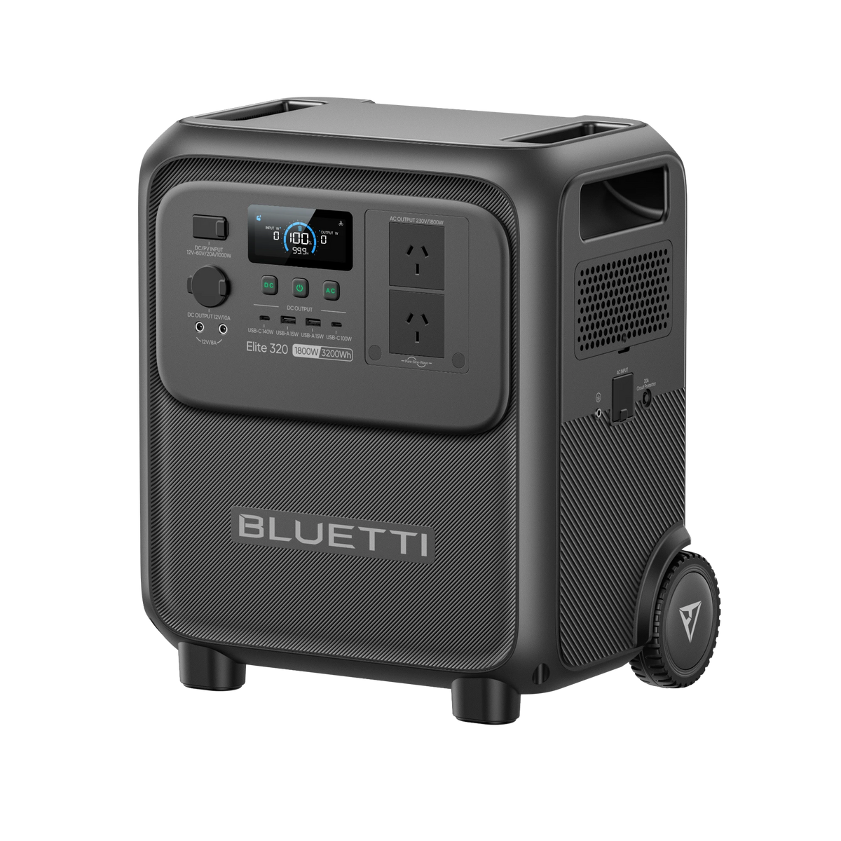 BLUETTI Elite 320 portable power station, front three-quarter view showing side handle, ventilation and wheel