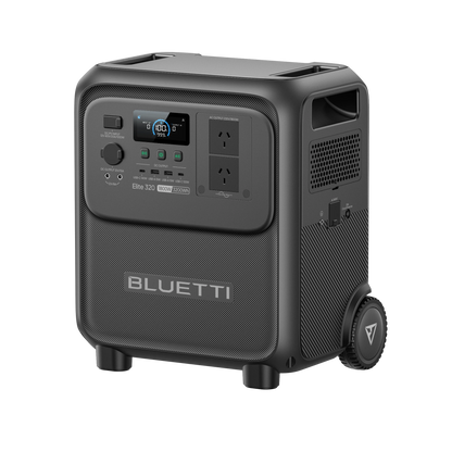 BLUETTI Elite 320 portable power station, front three-quarter view showing side handle, ventilation and wheel