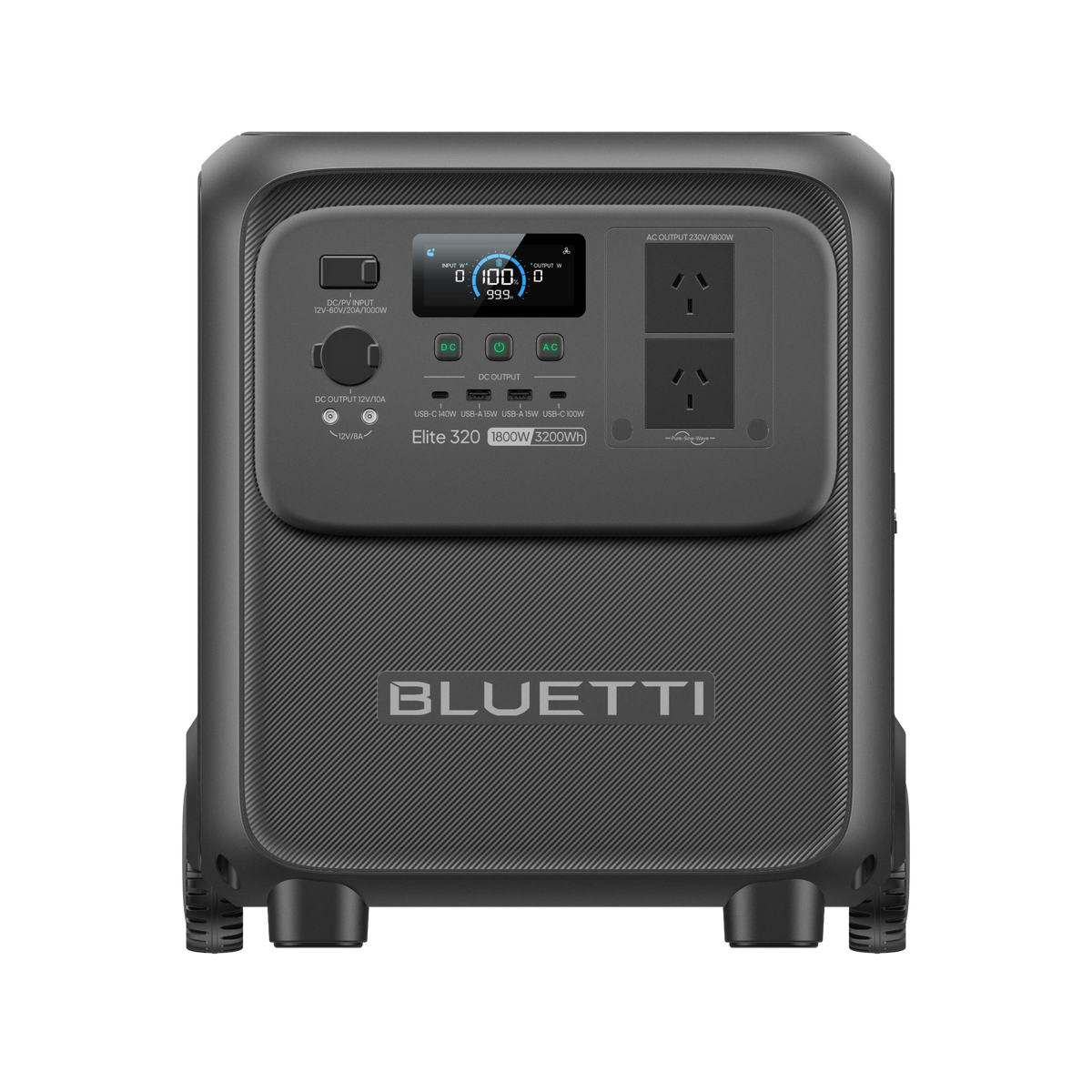BLUETTI Elite 320 portable power station, front view with Australian AC outlets and USB ports