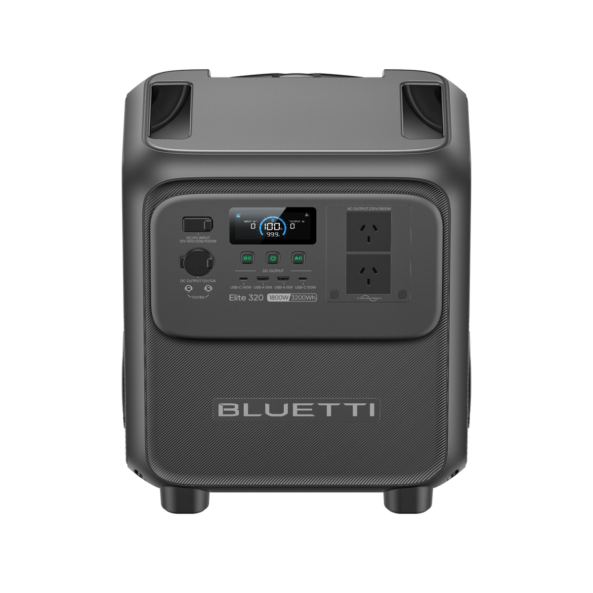 BLUETTI Elite 320 portable power station viewed from above, showing recessed carry handles and front controls