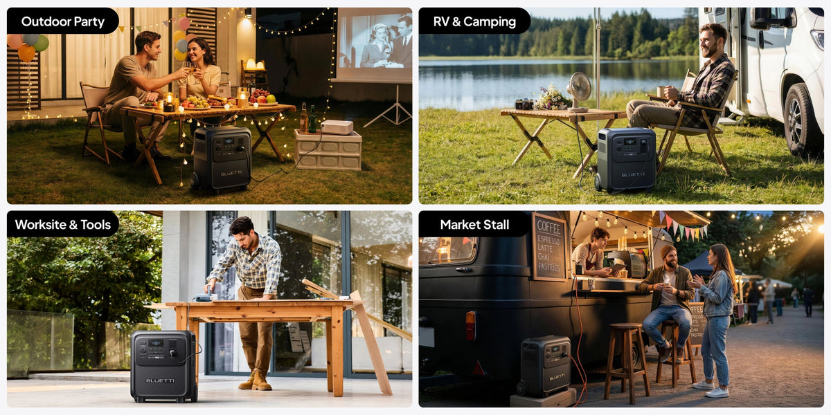 BLUETTI Elite 320 manufacturer lifestyle collage showing outdoor entertaining, RV camping, worksite tools and a market stall