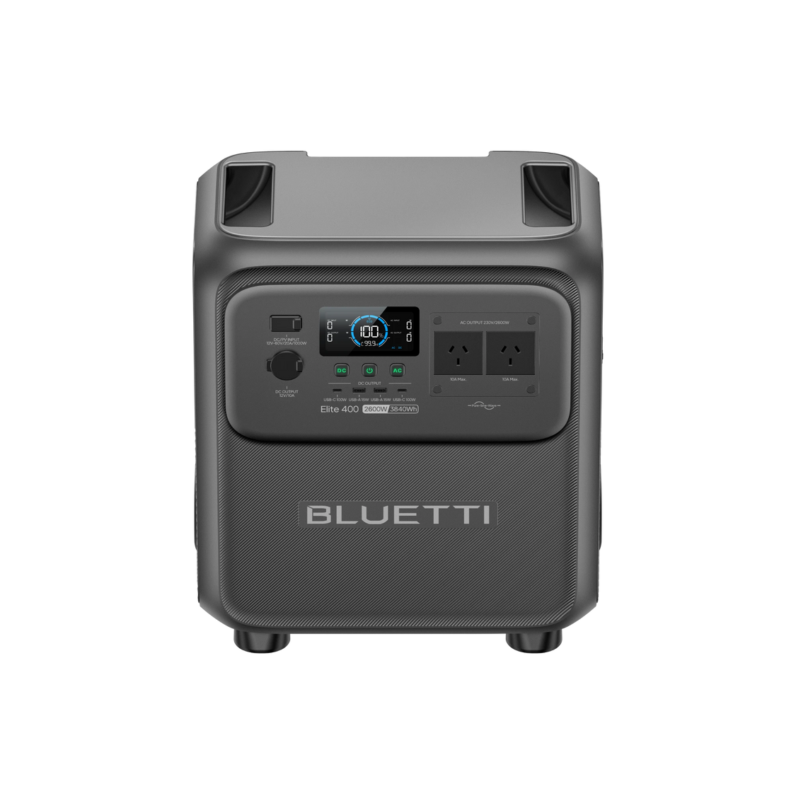 BLUETTI Elite 400 power station, elevated front view showing top carry handles and Australian outlets