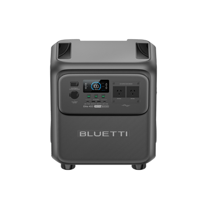 BLUETTI Elite 400 power station, elevated front view showing top carry handles and Australian outlets