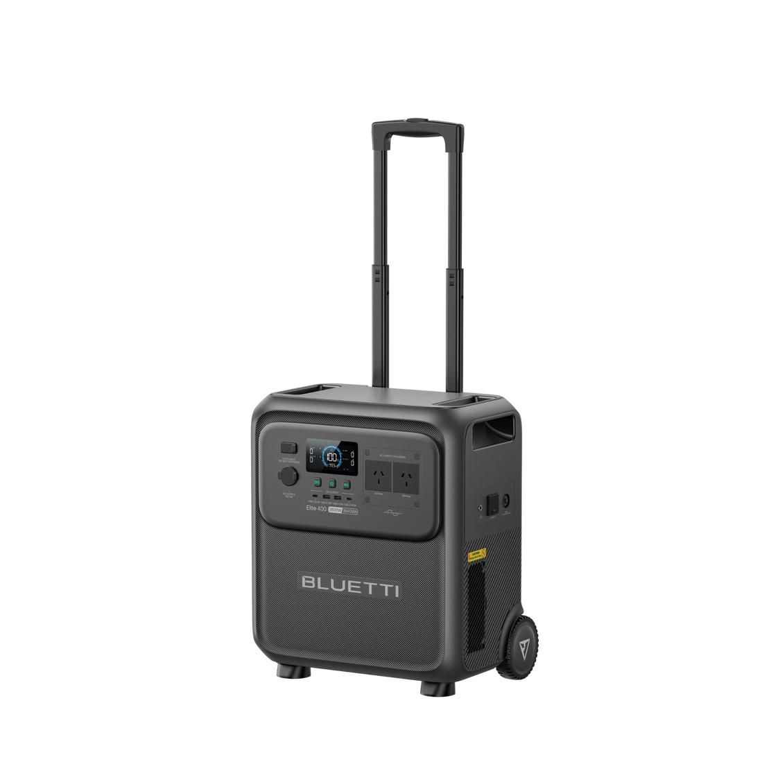 BLUETTI Elite 400 power station, three-quarter view with fully extended telescopic trolley handle
