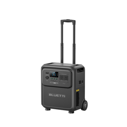 BLUETTI Elite 400 power station, three-quarter view with fully extended telescopic trolley handle