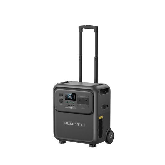 BLUETTI Elite 400 power station, three-quarter view with fully extended telescopic trolley handle