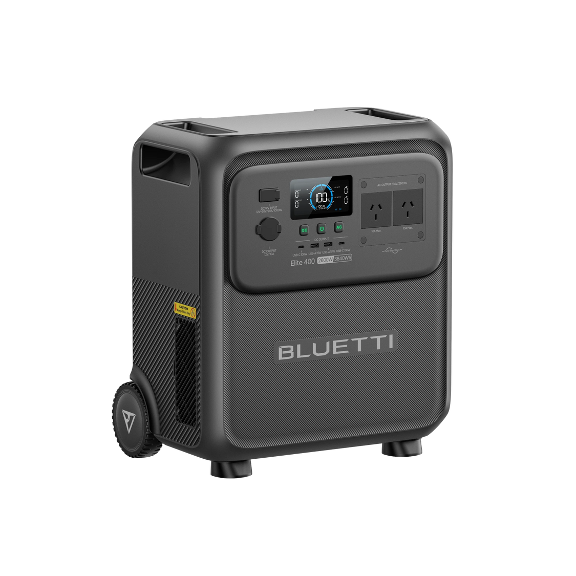 BLUETTI Elite 400 power station, left three-quarter view showing Australian outlets, carry handle and wheel