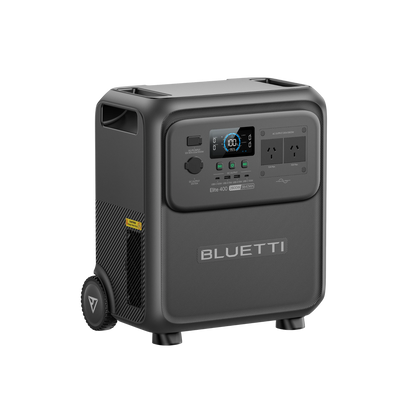 BLUETTI Elite 400 power station, left three-quarter view showing Australian outlets, carry handle and wheel