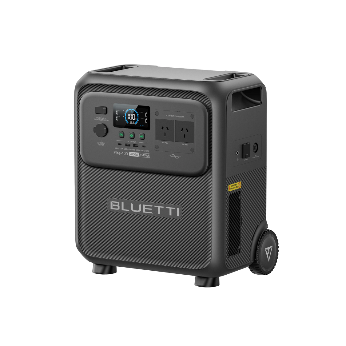 BLUETTI Elite 400 power station, right three-quarter view showing Australian outlets, charging inputs and wheel