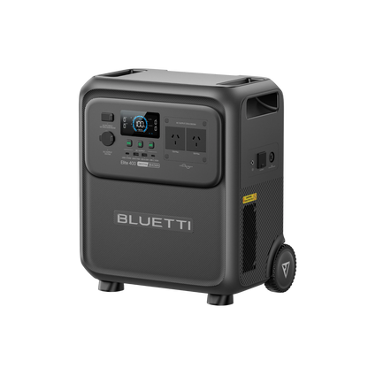 BLUETTI Elite 400 power station, right three-quarter view showing Australian outlets, charging inputs and wheel