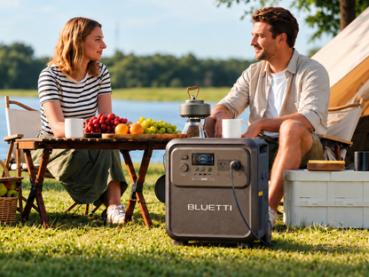 BLUETTI Elite 400 power station in the foreground beside a seated camping couple, tightly cropped with promotional wording removed.