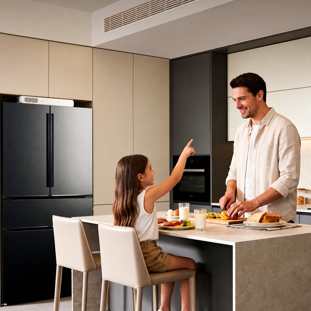 BLUETTI FridgePower single unit above a refrigerator in a kitchen; refrigerator and other appliances not included