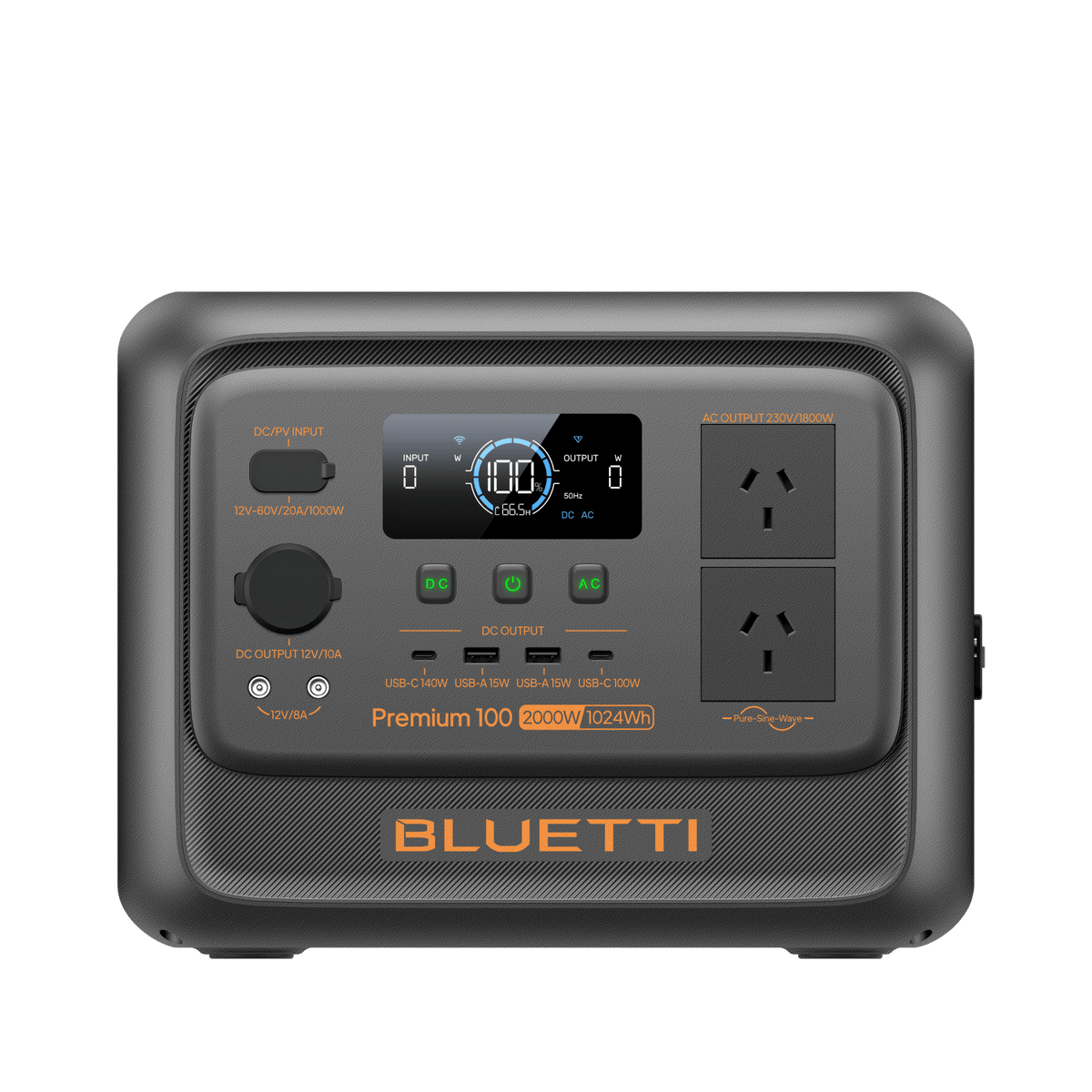 BLUETTI Premium 100 V2 front view with Australian sockets; station component of touring bundle.