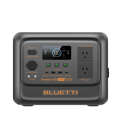 BLUETTI Premium 100 V2 front view with Australian sockets; station component of touring bundle.