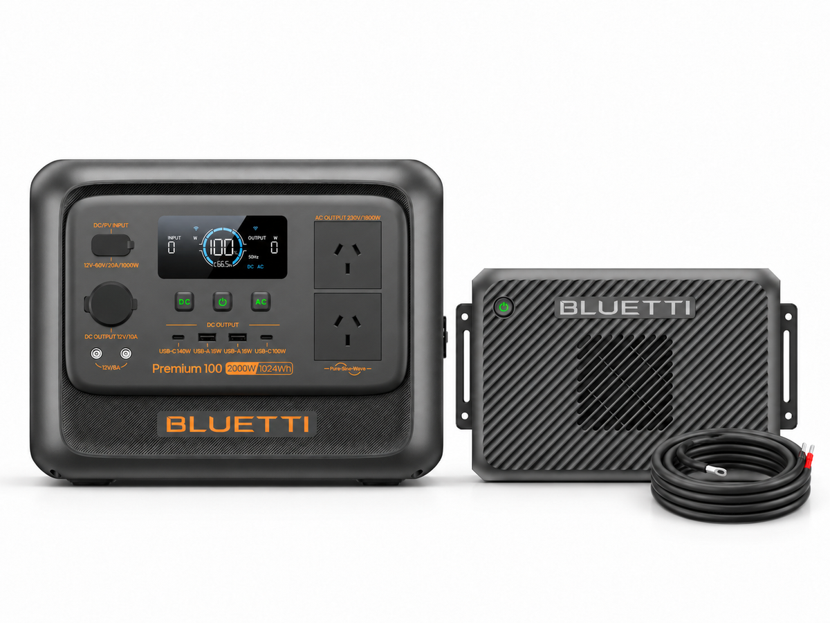 Rendered product illustration of BLUETTI Premium 100 V2 and Charger 2 together on white background.