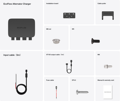 EcoFlow 800W Alternator Charger kit with input and XT150 output cables, fuse cable, mounting hardware and guides.