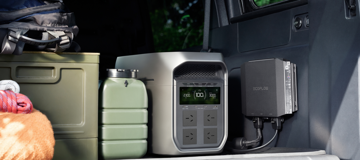 EcoFlow Alternator Charger Plus 1000 installed in a vehicle with a portable power station, sold separately