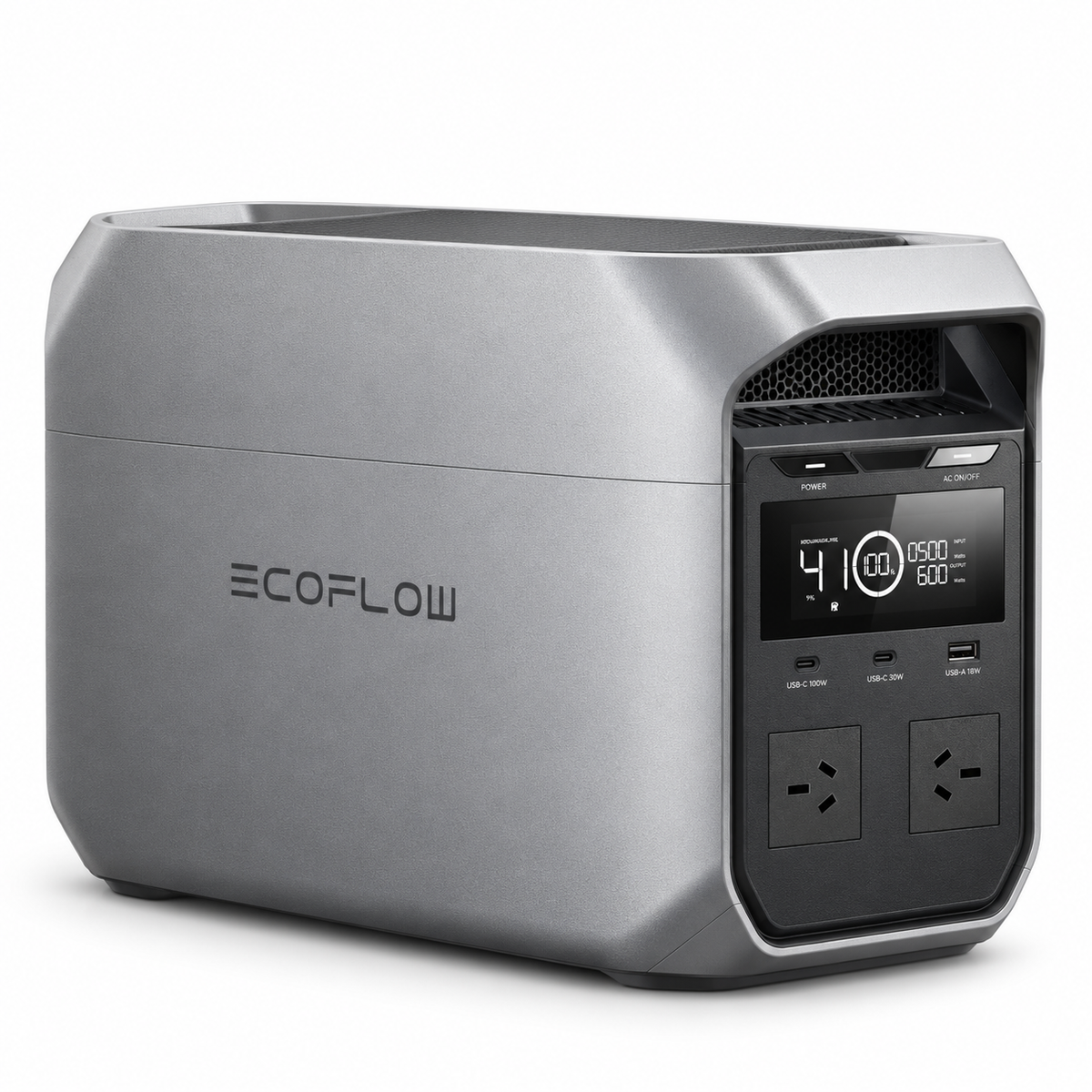 AI-generated product render of Australian EcoFlow DELTA 3 Classic, right-facing three-quarter view on white background