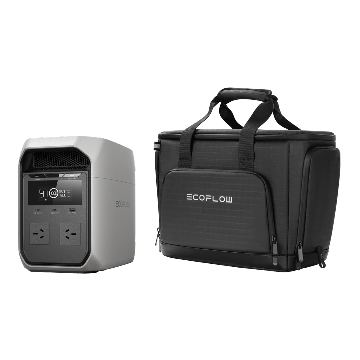 Australian EcoFlow DELTA 3 Classic power station and included protective bag on white background