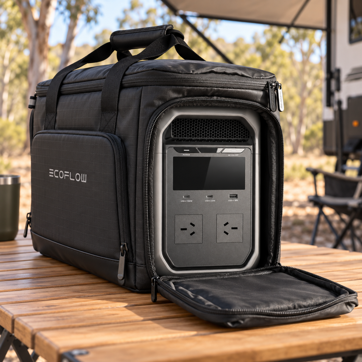 AI-generated lifestyle illustration of an Australian EcoFlow DELTA 3 Classic inside the protective bag at a campsite