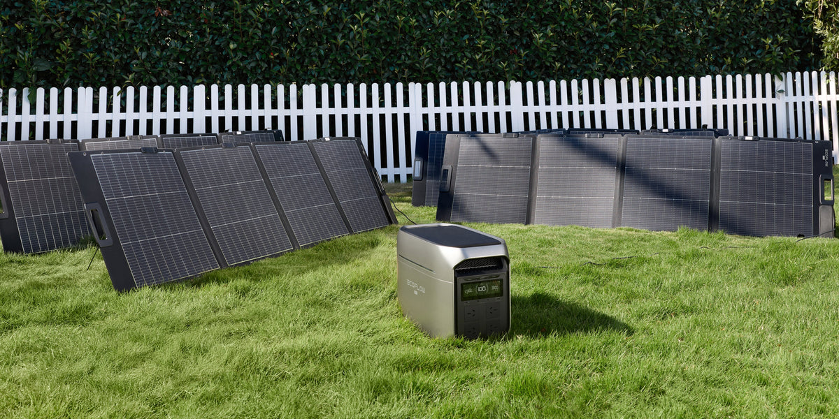 EcoFlow DELTA 3 Max Plus with Australian outlets in a garden beside portable solar panels sold separately