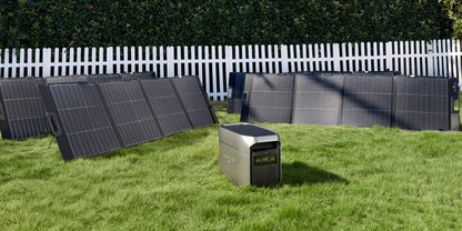 EcoFlow DELTA 3 Max Plus with Australian outlets in a garden beside portable solar panels sold separately