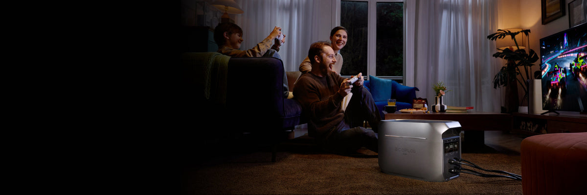 EcoFlow DELTA 3 Max Plus powering a family home entertainment setup; TV and gaming equipment not included