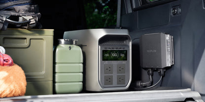 EcoFlow DELTA 3 Max Plus with Australian outlets in a vehicle cargo area, shown with an alternator charger sold separately