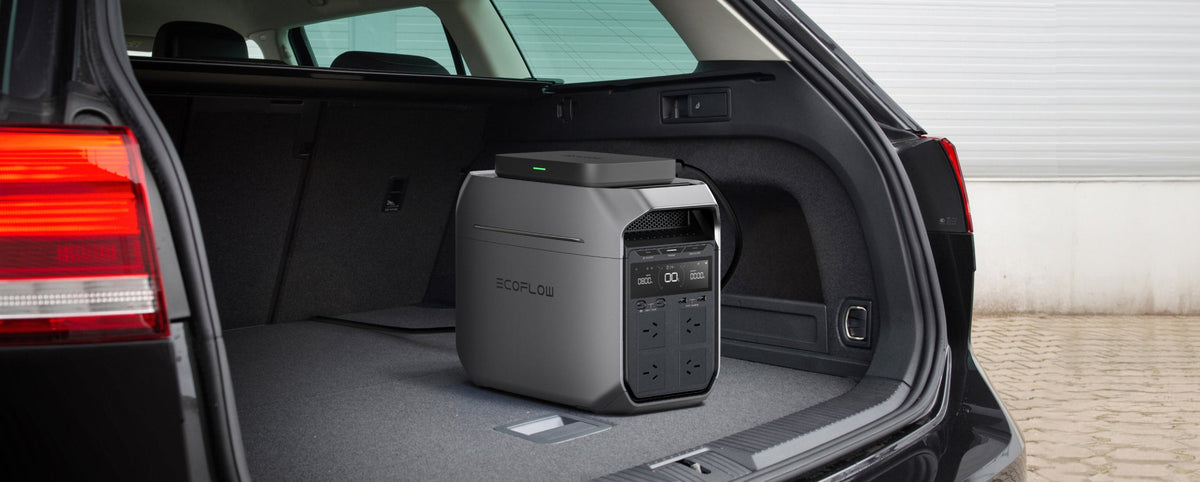 EcoFlow DELTA 3 Plus with 800W Alternator Charger in a vehicle boot