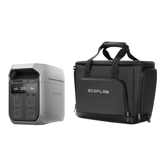 Australian EcoFlow DELTA 3 Plus power station and included protective bag on white background