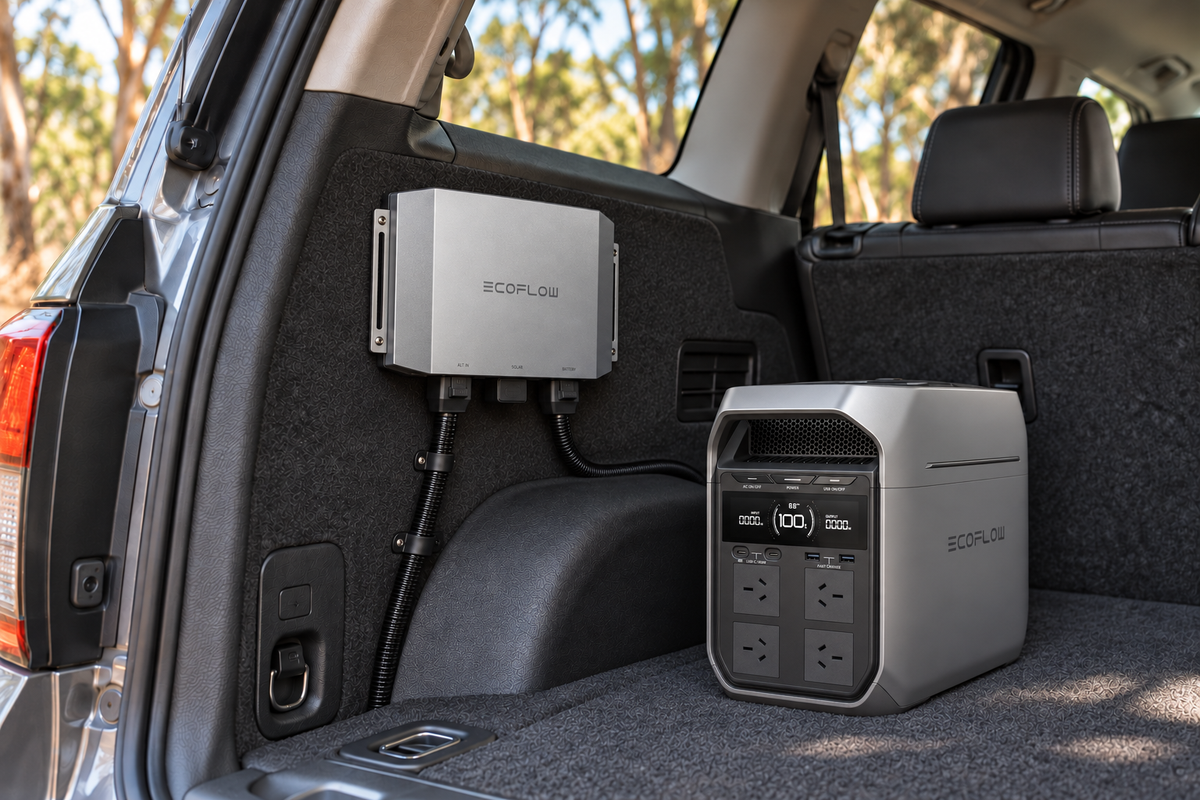 Illustrative AI render of EcoFlow DELTA 3 Plus and side-mounted Alternator Charger Plus 1000 in a wagon, with cables routed behind the station. Vehicle and installation not included.