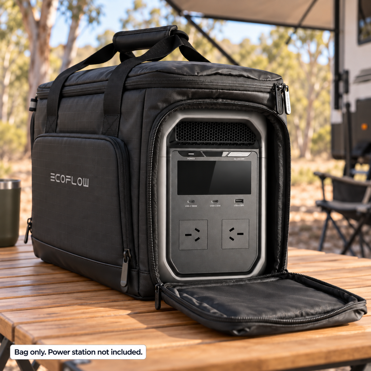 AI-generated lifestyle illustration of an Australian EcoFlow DELTA 3 Classic inside the protective bag at a campsite. Bag only. Power station not included.