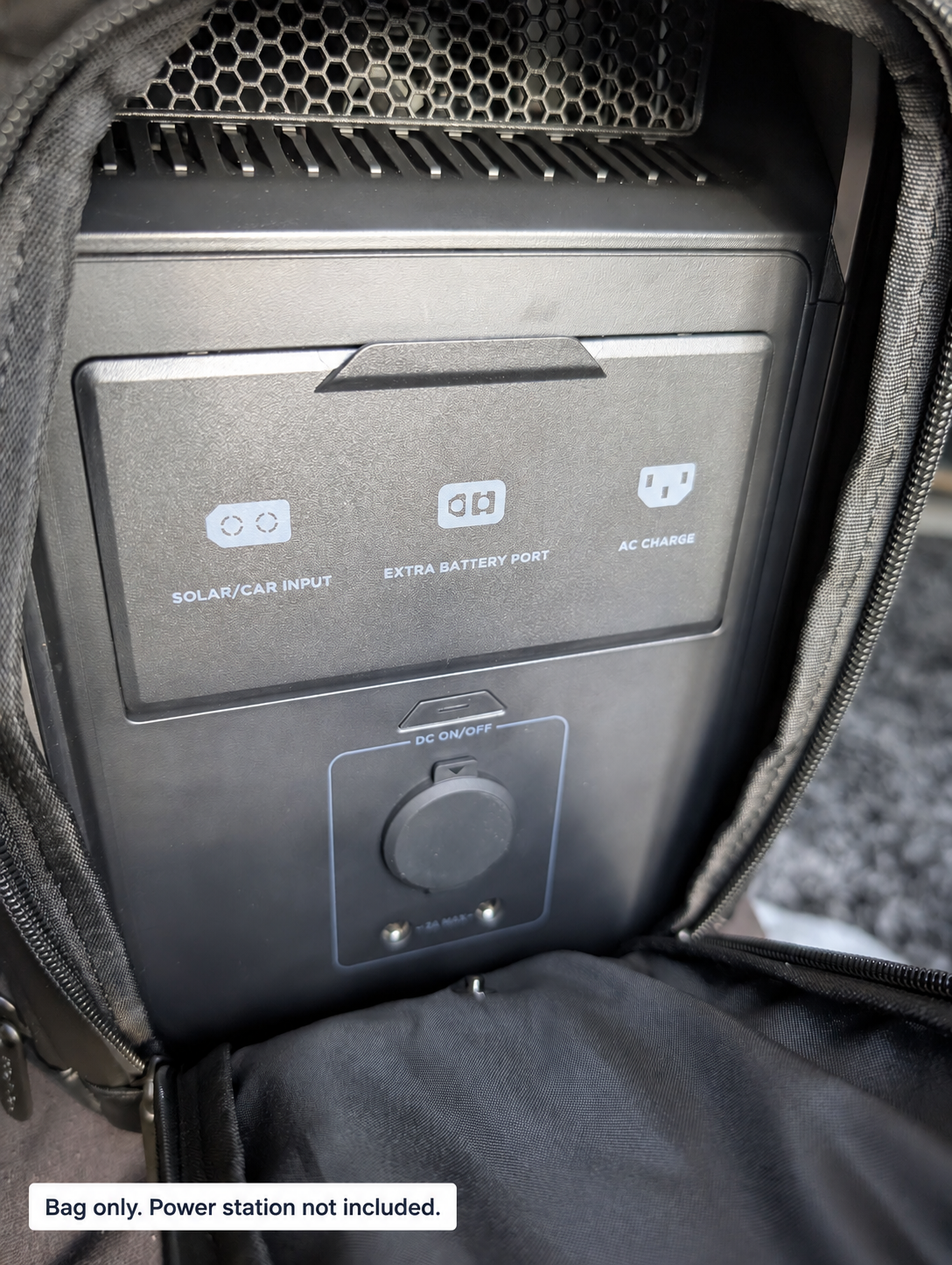EcoFlow DELTA 3 Series protective bag with rear access flap open, shown with a DELTA 3 Series power station. Bag only. Power station not included.