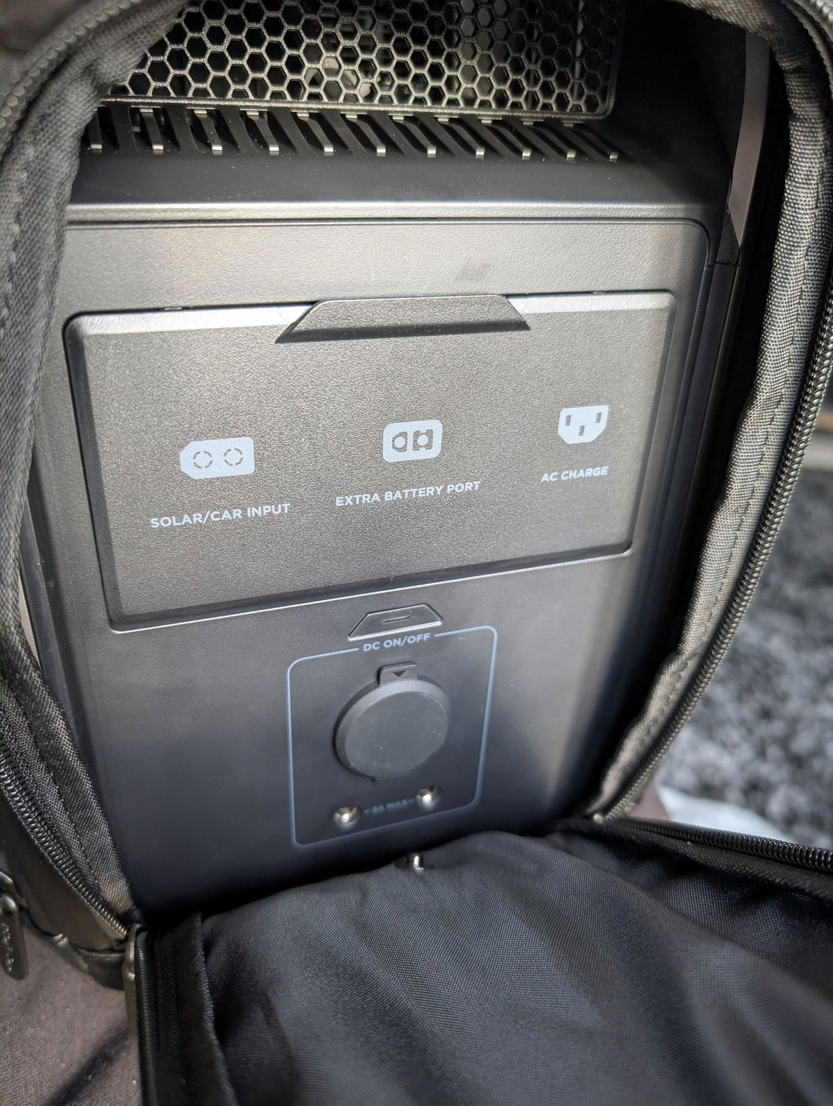 EcoFlow DELTA 3 Series protective bag with rear access flap open, shown with a DELTA 3 Series power station